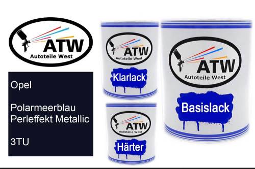 Opel, Polarmeerblau Perleffekt Metallic, 3TU: 1L Lackdose + 1L Klarlack + 500ml Härter - Set, von ATW Autoteile West.